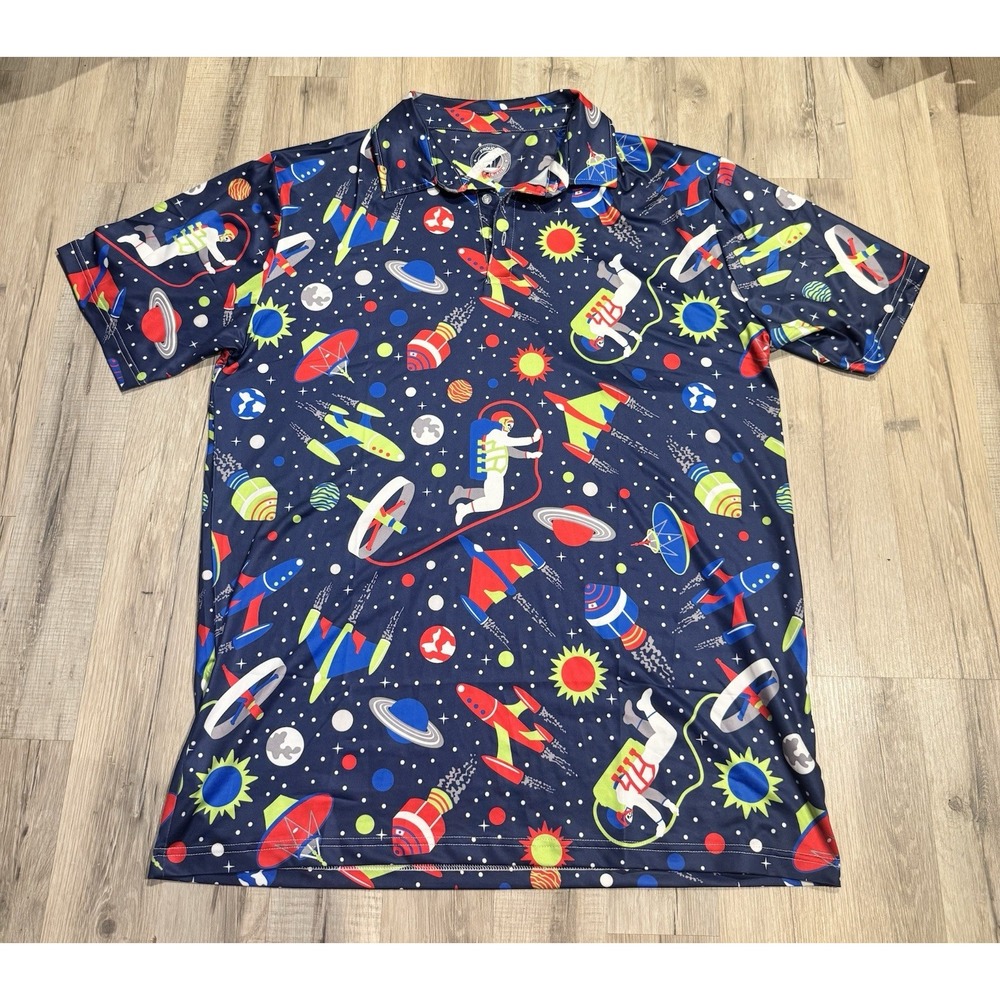 Proud 90 Golf Is Fun Men's XL Space Astronaut Graphic Stretch Polo Shirt